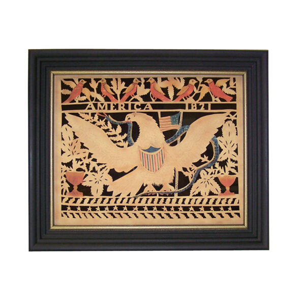 Scherenschnittes Early American America’s Eagle Reproduction Scherenschnitte Paper Cutting in Black Frame- An 8″ x 10″ framed to 10″ x 12″.