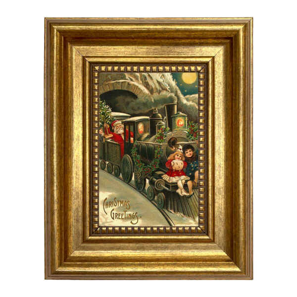 Christmas Decor Children Santa’s Christmas Train Victorian Print on Canvas in Antiqued Gold Frame- 4″x6″ Print –  7-1/2″ x 9-1/2″ Framed