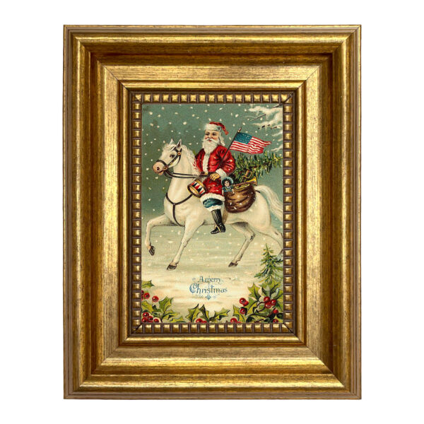 Christmas Decor Christmas Santa Claus with American Flag Victorian Print on Canvas in Antiqued Gold Frame- 4″x6″ Print –  7-1/2″ x 9-1/2″ Framed