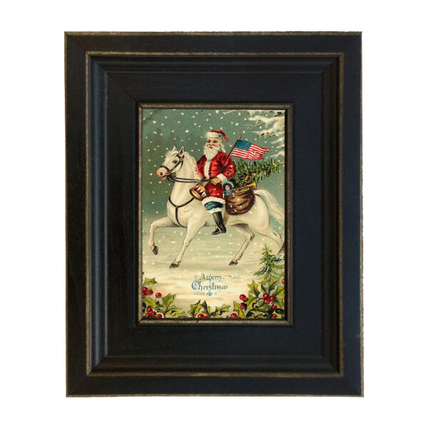 Holiday Paintings Christmas Santa Claus with American Flag Victorian Print on Canvas in Distressed Black Frame- 4″x6″ Print –  7-1/2″ x 9-1/2″ Framed