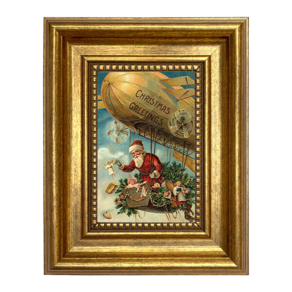 Holiday Paintings Christmas Santa Claus in Flying Machine Victorian Print on Canvas in Antiqued Gold Frame- 4×6″ Print –  7-1/2″ x 9-1/2″ Framed