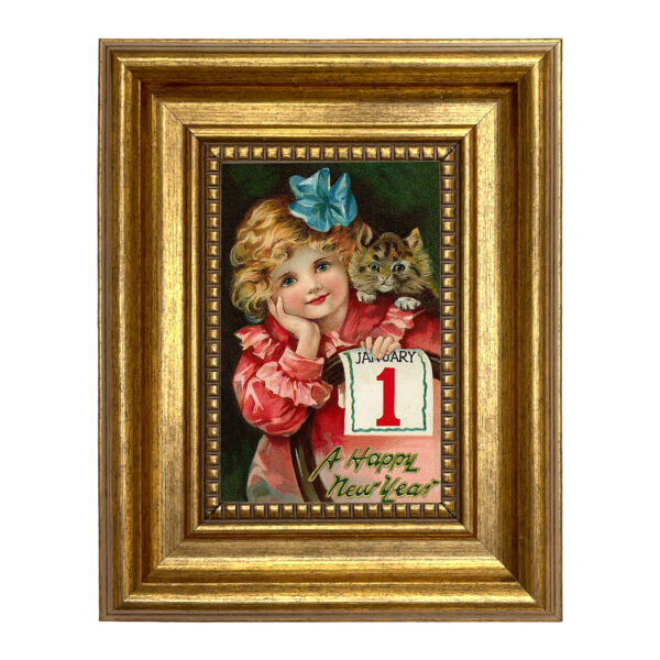 Holiday Paintings Christmas Victorian Girl with Kitten New Year’s Print on Canvas in Antiqued Gold Frame- 4×6″ Print –  7-1/2″ x 9-1/2″ Framed