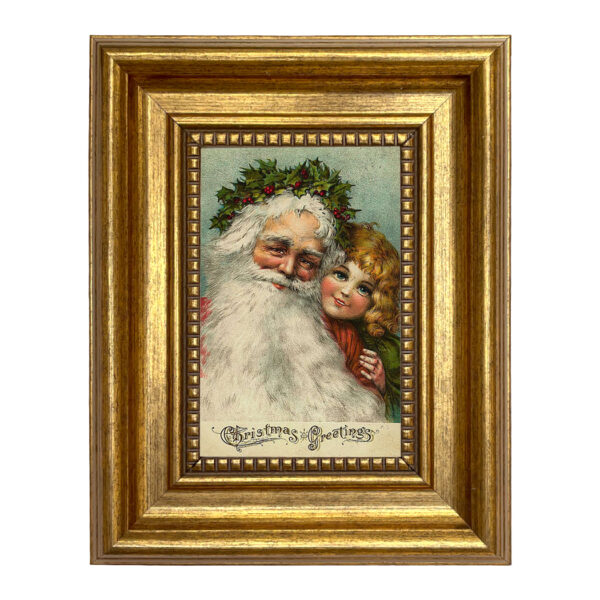 Christmas Decor Children Santa with Little Girl Victorian Print on Canvas in Antiqued Gold Frame- 4×6″ Print –  7-1/2″ x 9-1/2″ Framed