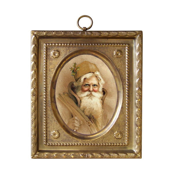 Christmas Christmas 4-1/2″ Father Christmas Print in Embossed Brass Frame- Antique Vintage Style