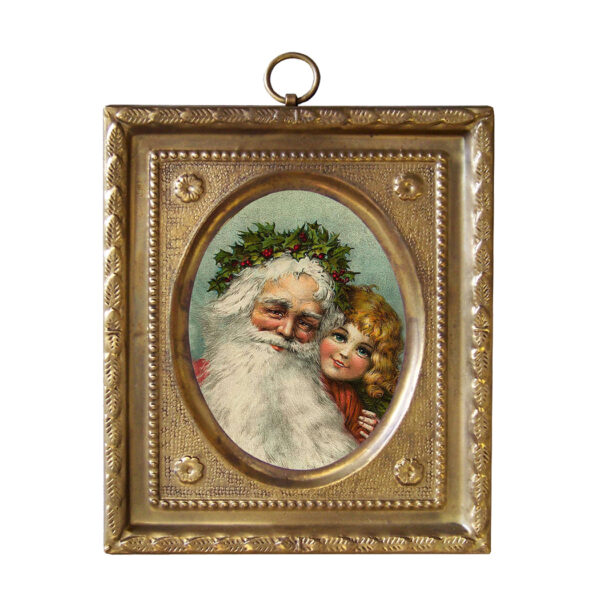 Prints Christmas 4-1/2″ Santa with Little Girl Print in Embossed Brass Frame- Antique Vintage Style