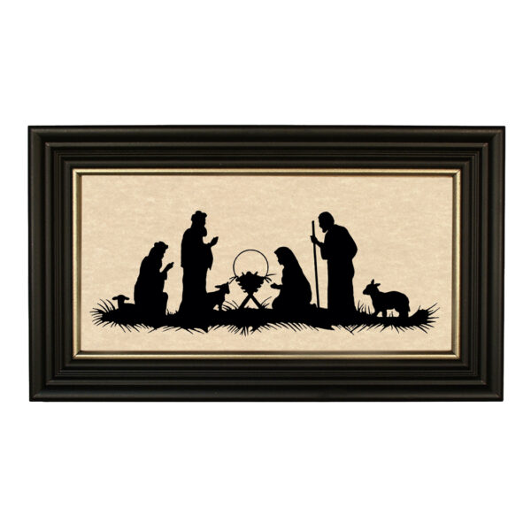 Christmas Christmas Christmas Nativity Framed Paper Cut Silhouette in Black Wood Frame with Gold Trim. A 5″ x 10″ framed to 7″ x 12″.