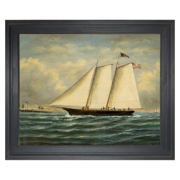 Nautical Nautical America, First Winner of America’s Cup Framed Oil Painting Print on Canvas in Distressed Black Solid Wood Frame.