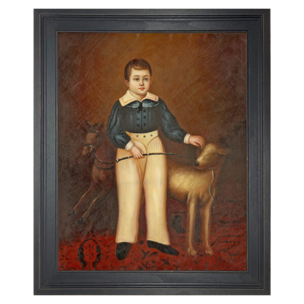Painting Prints on Canvas Dogs Boy with Dog by Joseph Whiting Stock Framed Oil Painting Print on Canvas in Distressed Black Wood Frame.