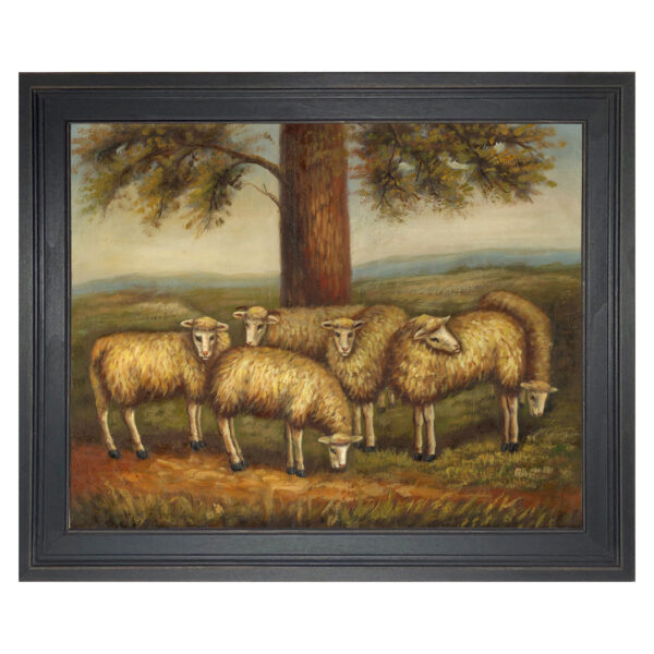 Farm/Pastoral Farm Flock of Six Sheep in a Meadow Framed Oil Painting Print on Canvas in Distressed Black Wood Frame.
