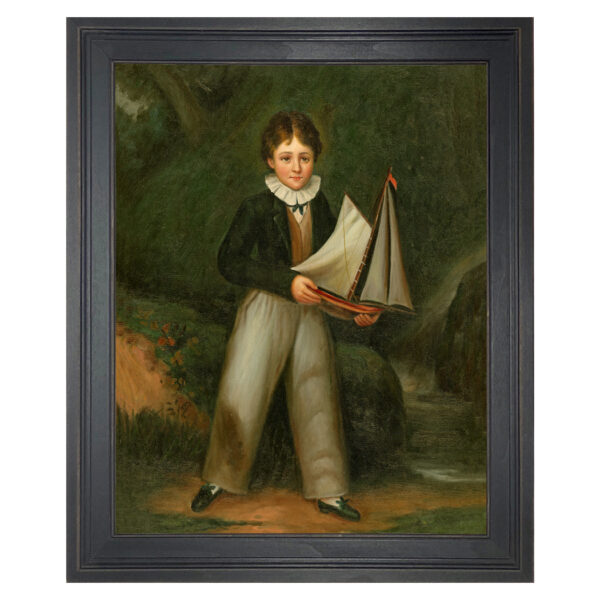 Nautical Children Young Boy Holding Pond Boat, Framed Oil Painting Print on Canvas in Distressed Black Wood Frame.