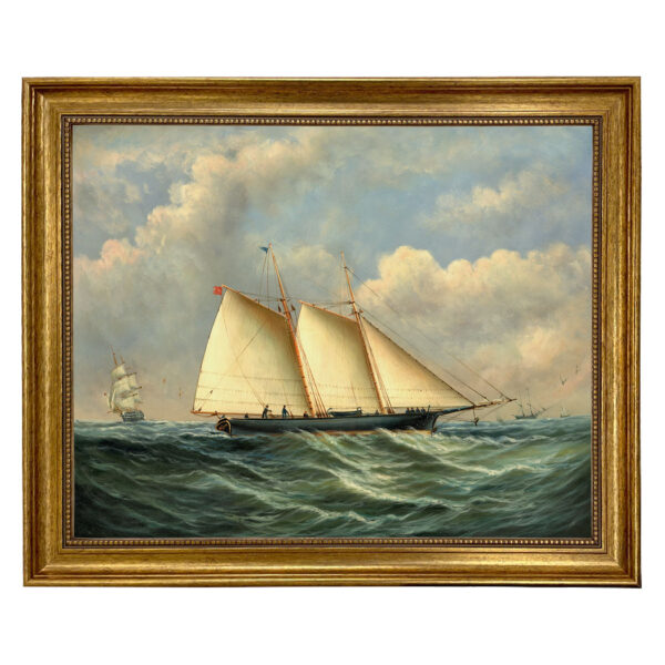 Framed Wall Art Early American Schooner Dauntless and Man-of-War America’s Cup Framed Oil Painting Print on Canvas in Antiqued Gold Frame