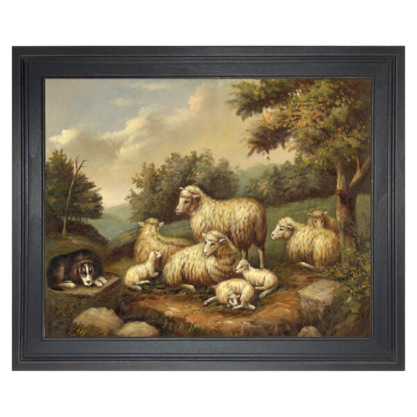 Farm/Pastoral Animals Sheep in Landscape Framed Oil Painting Print on Canvas in Distressed Black Wood Frame.