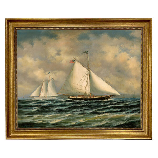 Framed Wall Art Early American Sloop Maria Racing the America by Buttersworth Oil Painting Print on Canvas in Antiqued Gold Frame.