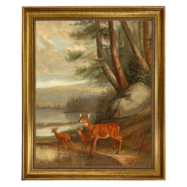 Cabin/Lodge Animals Doe with Two Fawns Framed Oil Painting Print on Canvas in Distressed Black Wood Frame.