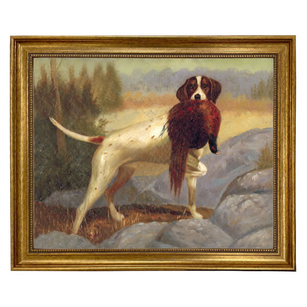 Cabin/Lodge Dogs Pointer with Pheasant Painting Reproduction Print on Canvas in Antiqued Gold Frame.