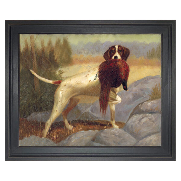 Cabin/Lodge Dogs Pointer with Pheasant Painting Reproduction Print on Canvas in Distressed Black Solid Wood Frame.
