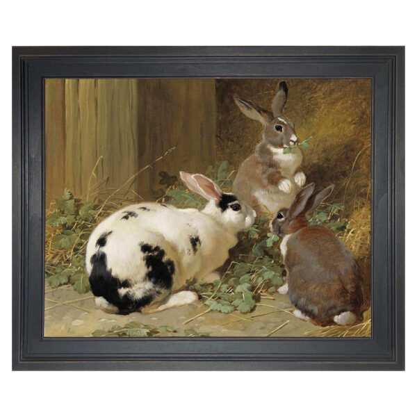 Farm/Pastoral Animals Three Rabbits Framed Oil Painting Print on Canvas in Distressed Black Wood Frame.