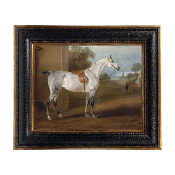 Equestrian Paintings Equestrian Leed’s Grey Hunter Framed Oil Painting Print on Canvas in Leather-Look Black and Antiqued Gold Frame. An 11″ x 14″ framed to 15-3/4″ x 18-3/4″.