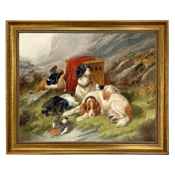 Cabin/Lodge Dogs Guarding the Day’s Bag by John Gifford Hunting Dogs Framed Oil Painting Print on Canvas in Antiqued Gold Frame.