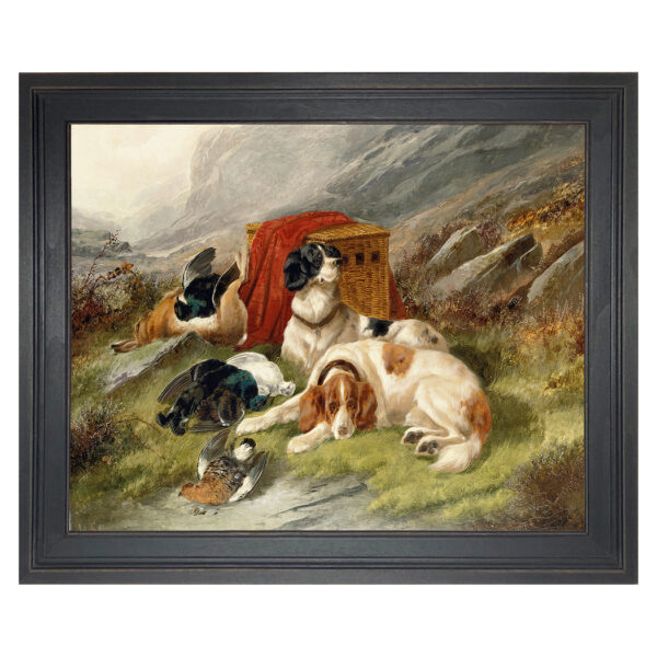 Cabin/Lodge Dogs “Guarding the Day’s Bag” by John Gifford Hunting Dogs Framed Oil Painting Print on Canvas in Distressed Black Wood Frame.