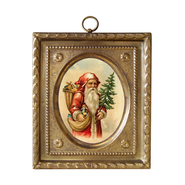 Christmas Christmas 4-1/2″ Santa Claus with Tree  and  Toys Print in Embossed Brass Frame- Antique Vintage Style