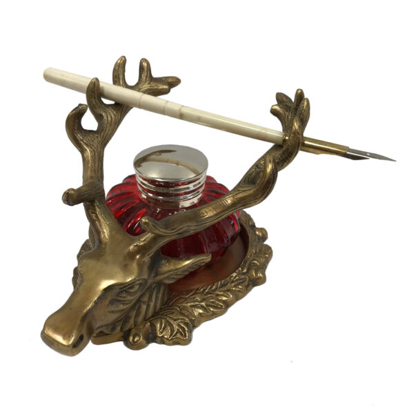 Inkwells Writing 6-1/2″ Antiqued Solid Brass Stag Inkwell Stand/Pen Holder Set – Antique Vintage Style