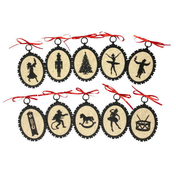 Holiday Paintings Christmas 10 Nutcracker Christmas Silhouette Ornaments with Antiqued Paper and Red Ribbon