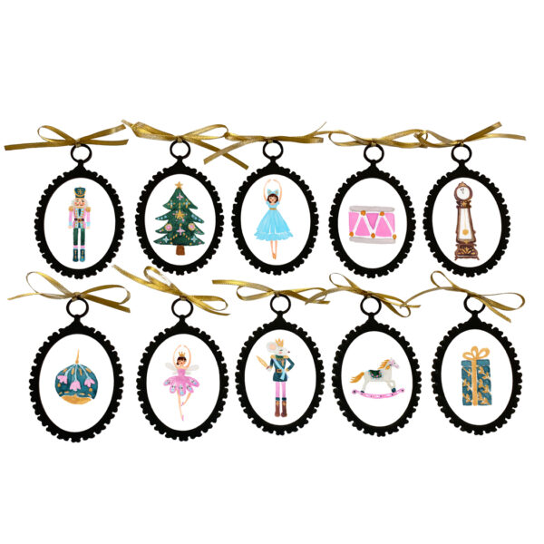 Paperweights Christmas Set of 10 Nutcracker Ballet Watercolor Ornaments (Black) –  with Gold Ribbon