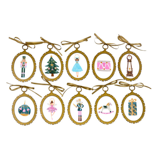 Paperweights Christmas Set of 10 Nutcracker Ballet Watercolor Ornaments (Gold) –  with Gold Ribbon