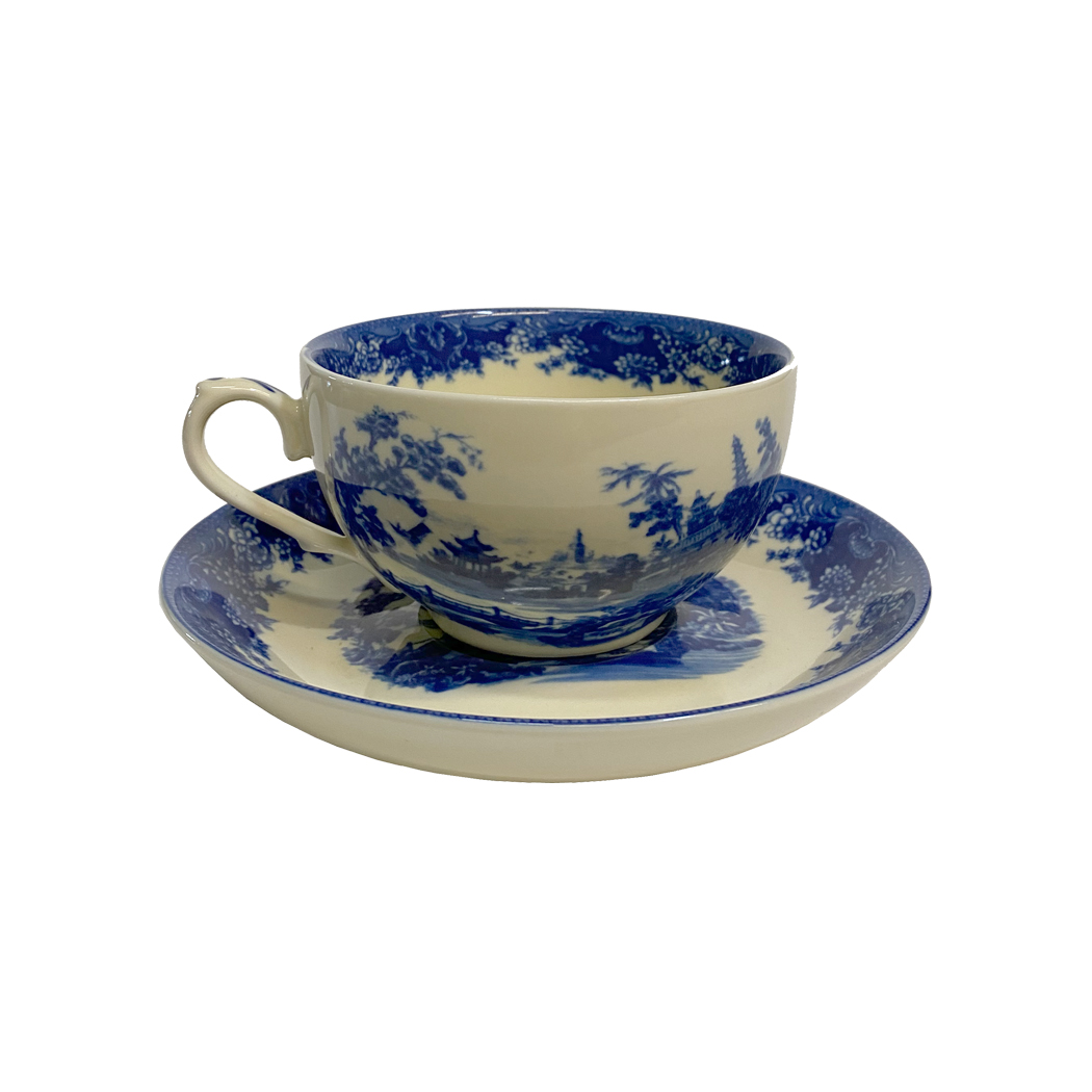 Pagoda Blue Transferware Porcelain Tea Set with Tray - Antique
