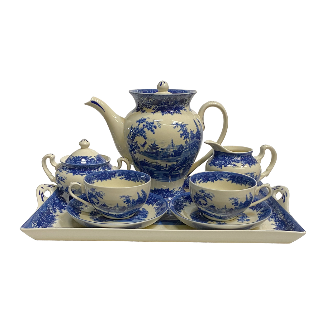 Pagoda Blue Transferware Porcelain Tea Set with Tray - Antique