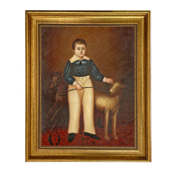 Painting Prints on Canvas Children Boy with Dog by Joseph Whiting, Framed Oil Painting Print on Canvas in Antiqued Gold Frame