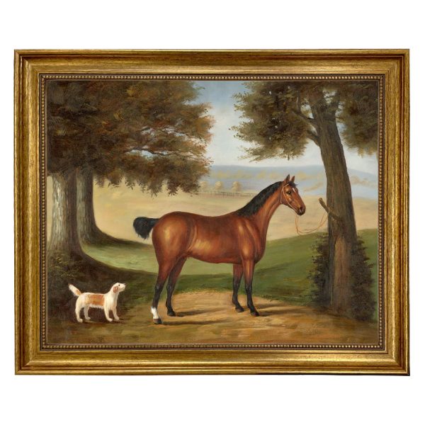 Equestrian/Fox Dogs Horse and Dog in Landscape, Framed Oil Painting Print on Canvas in Antiqued Gold Frame