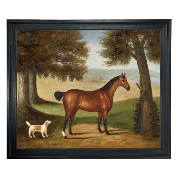Equestrian/Fox Dogs Horse and Dog in Landscape Framed Oil Painting Print on Canvas