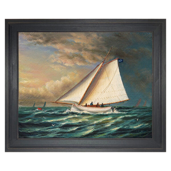Nautical Nautical Racing Boat Framed Oil Painting Print on Canvas in Distressed Black Wood Frame