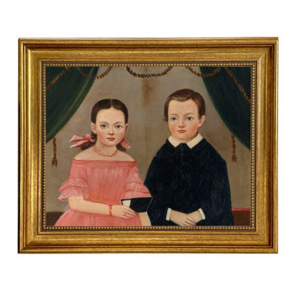 Painting Prints on Canvas Early American Girl in Pink with Brother – Framed Oil Painting Print on Canvas