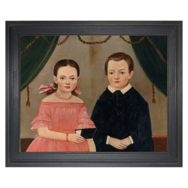 Painting Prints on Canvas Early American Girl in Pink with Brother Framed Oil Painting Print on Canvas in Distressed Black Wood Frame