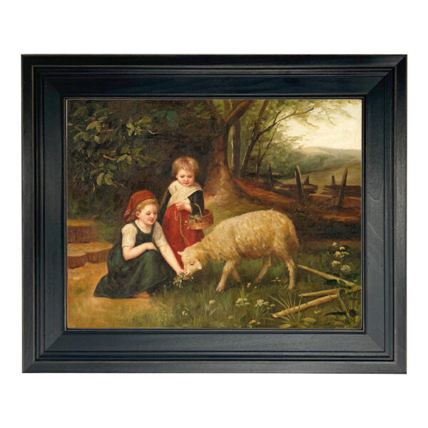 Farm/Pastoral Early American My Pet Lamb Cottagecore Framed Oil Painting Print on Canvas in Distressed Black Wood Frame