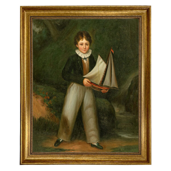 Painting Prints on Canvas Children Young Boy Holding Pond Boat, Framed Oil Painting Print on Canvas in Antiqued Gold Frame