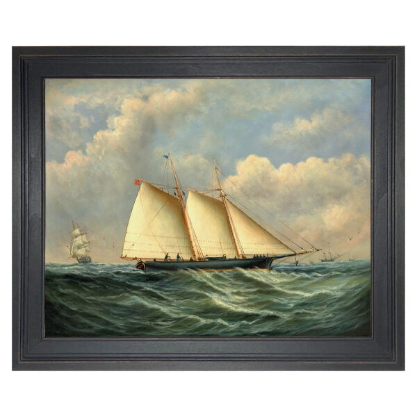 Nautical Nautical Schooner Dauntless and Man-of-War Framed Oil Painting Print on Canvas in Distressed Black Wood Frame