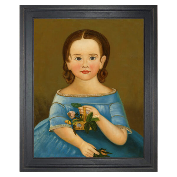 Painting Prints on Canvas Early American Girl in Blue Dress Framed Oil Painting Print on Canvas in Distressed Black Wood Frame