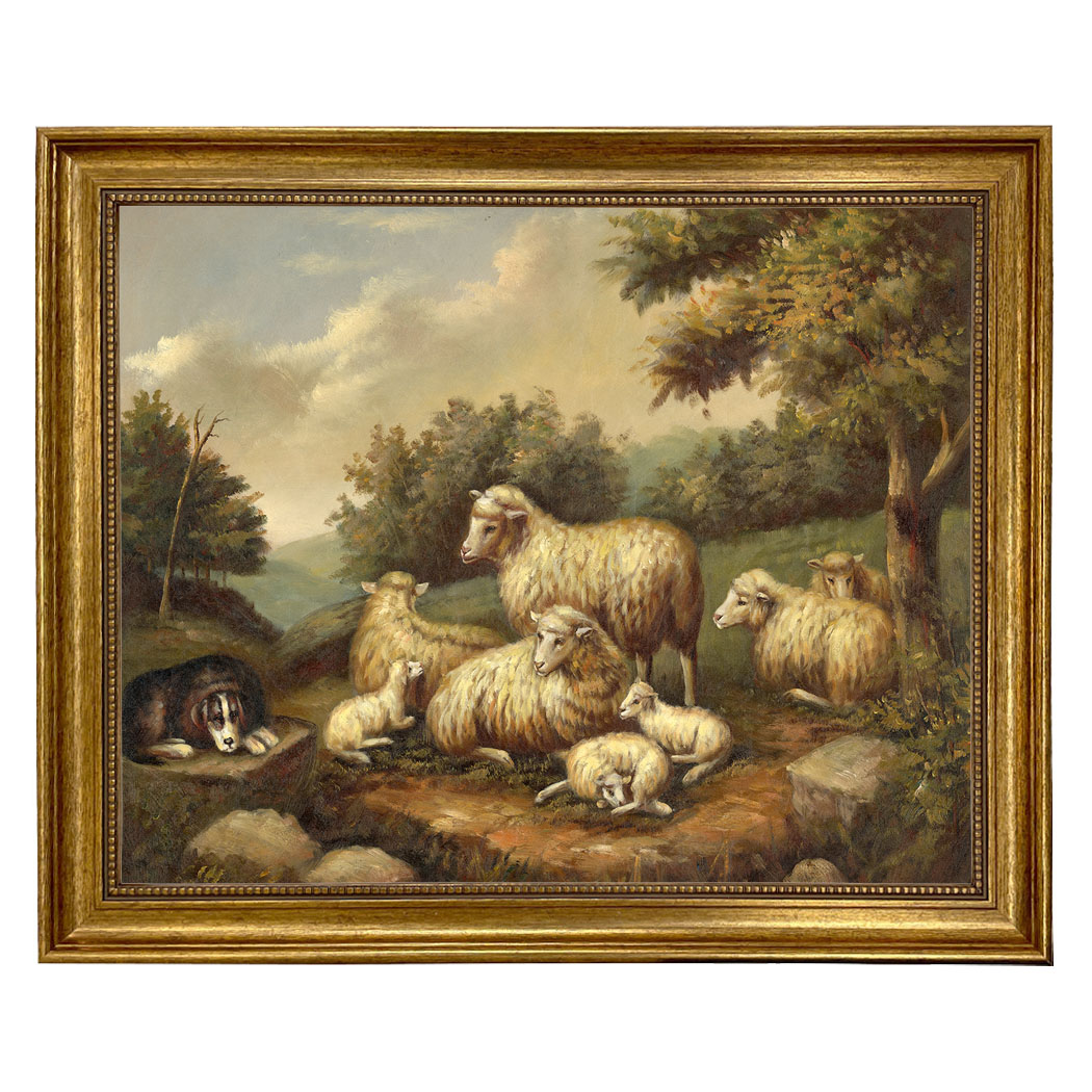 Farm/Pastoral Early American Sheep in a Landscape Framed Oil Painti ...