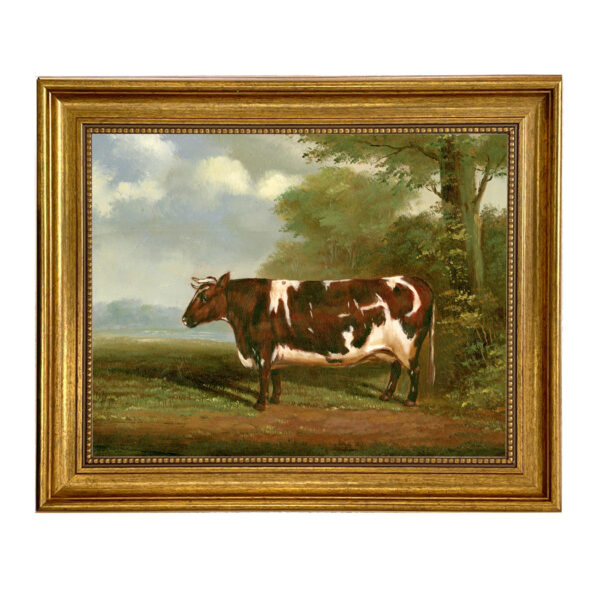 Farm/Pastoral Early American Prize Heifer Bull Framed Oil Painting Print on Canvas in Antiqued Gold Frame