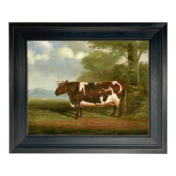 Farm/Pastoral Early American Prize Heifer Bull Framed Oil Painting Print on Canvas in Distressed Black Wood Frame