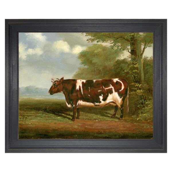 Farm/Pastoral Early American Prize Heifer Bull Framed Oil Painting Print on Canvas in Distressed Black Wood Frame