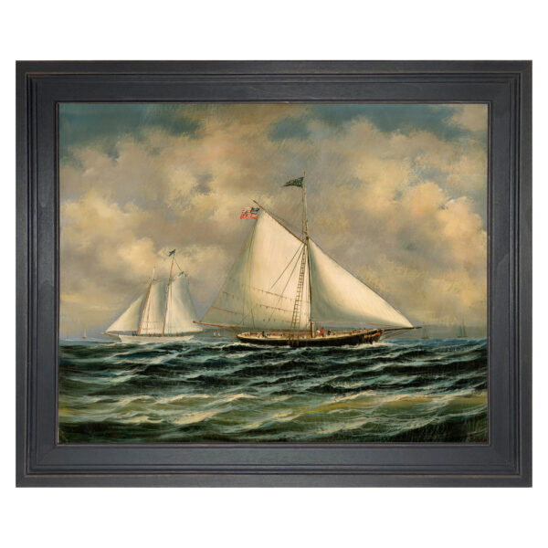 Nautical Early American “Sloop Maria Racing America” Framed Oil Painting Print on Canvas in Distressed Black Wood Frame