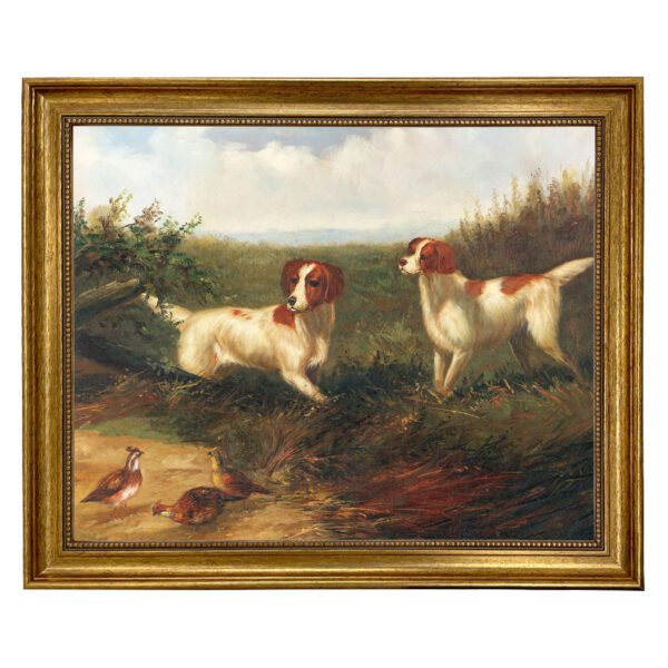 Dogs/Cats Animals Setters on Quail Framed Oil Painting Print on Canvas in Antiqued Gold Frame