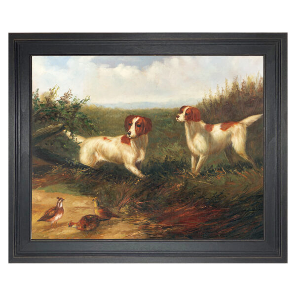 Dogs/Cats Animals Setters on Quail Framed Oil Painting Print on Canvas in Distressed Black Wood Frame