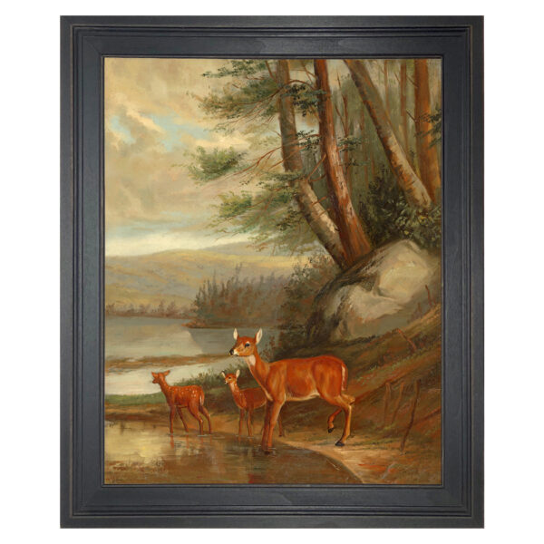 Cabin/Lodge Animals Doe with Two Fawns Framed Oil Painting Print on Canvas in Distressed Black Wood Frame