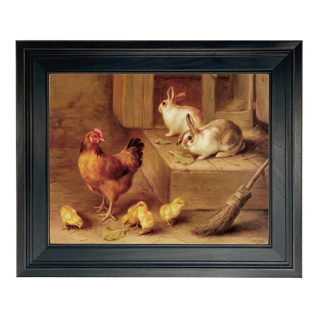 Farm/Pastoral Early American Rabbits and Chickens Framed Oil Painti ...